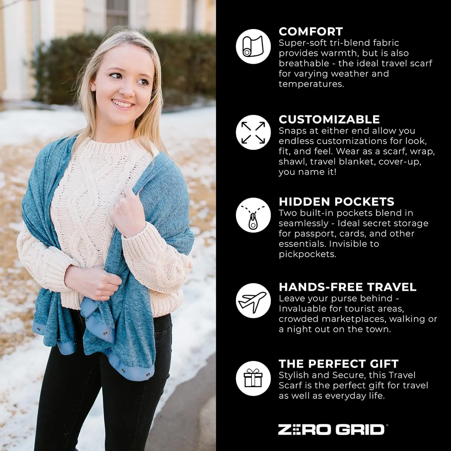 Zero Grid Infinity Travel Scarf Loop with Hidden Zipper Pockets for Passport, Phone, Cash, Cards