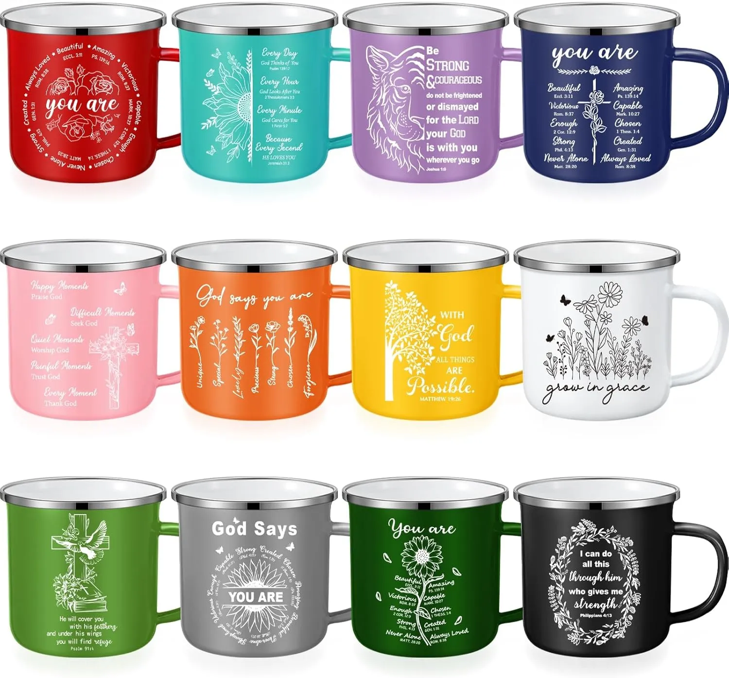Zhehao 12 Pack Christian Gift for Women Faith Coffee Mugs with Bible Verses, 12oz Inspirational Religious Cups with Handles, Jesus Gift Set for Women, Men, Friends, Birthday, Church, Mother's Day