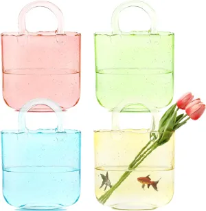 Zhehao 4 Pcs Purse Vase for Flowers Handmade 11.3 Inches Clear Glass Vase with Handles Handbag Shape for Floral Arrangement Centerpiece, Fish Bowl Home Decor