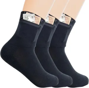 Zipper Sock Wallet (3 Pack) - Cotton & Polyester Zipper Socks with Pockets - Fits shoe size 6-13 - Black