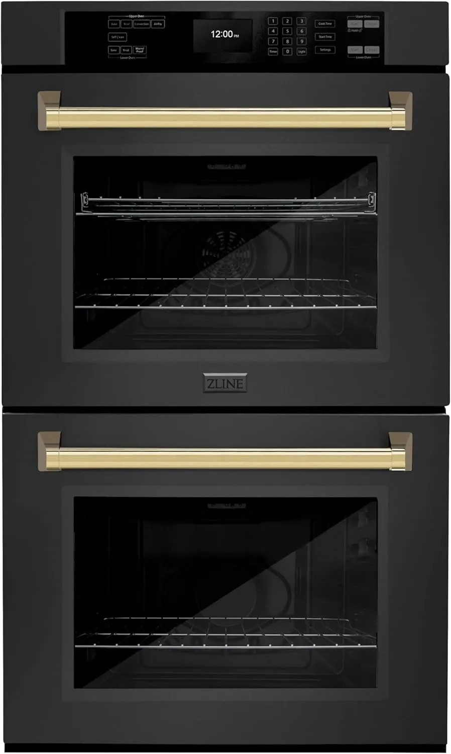 ZLINE 30 in. Autograph Edition Professional True Convection Double Wall Oven with Air Fry and Self Clean in Black Stainless Steel with Polished Gold Handles (WADBZ-30-G)
