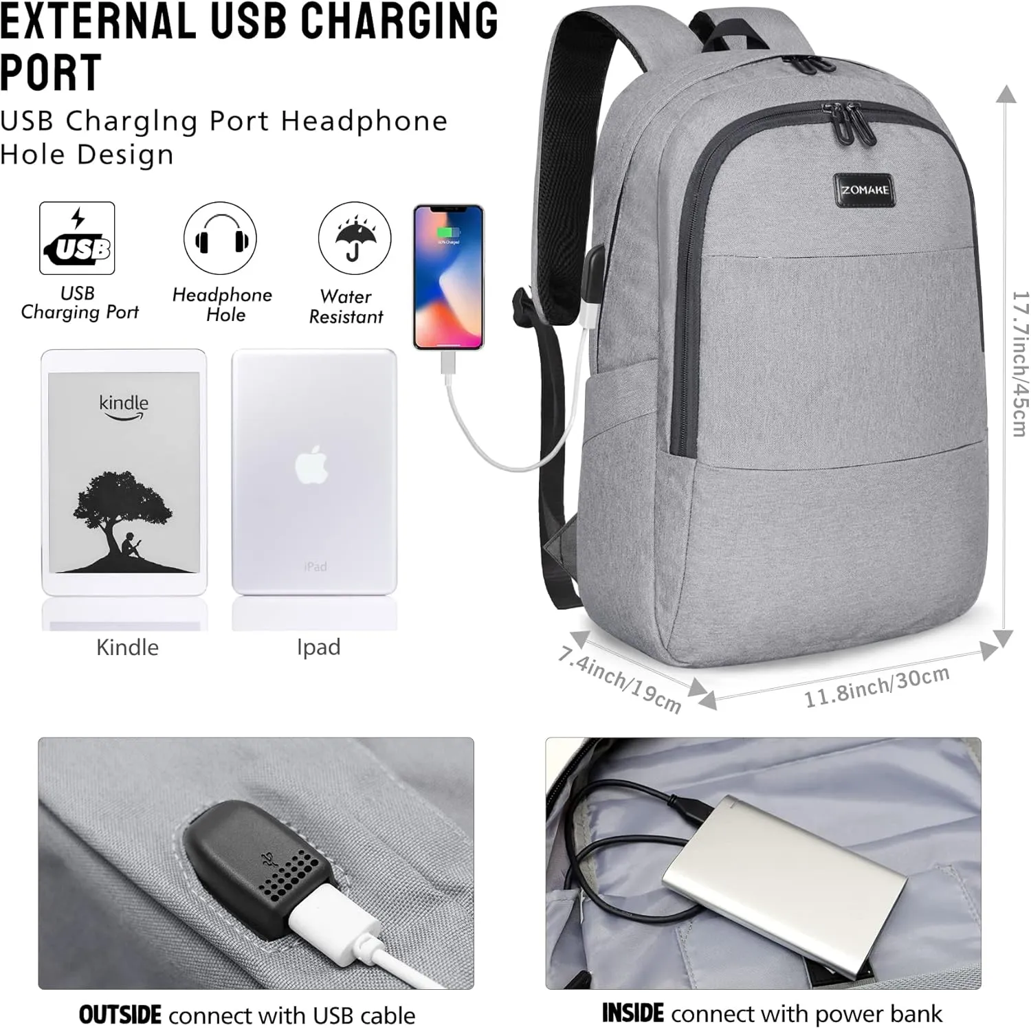 ZOMAKE Travel Laptop Backpack Water Resistant Anti-Theft Bag with USB Charging Port and Lock 14/15.6Inch Computer Business Backpacks Gift for Men Women(15.6 IN,A-Light Grey)