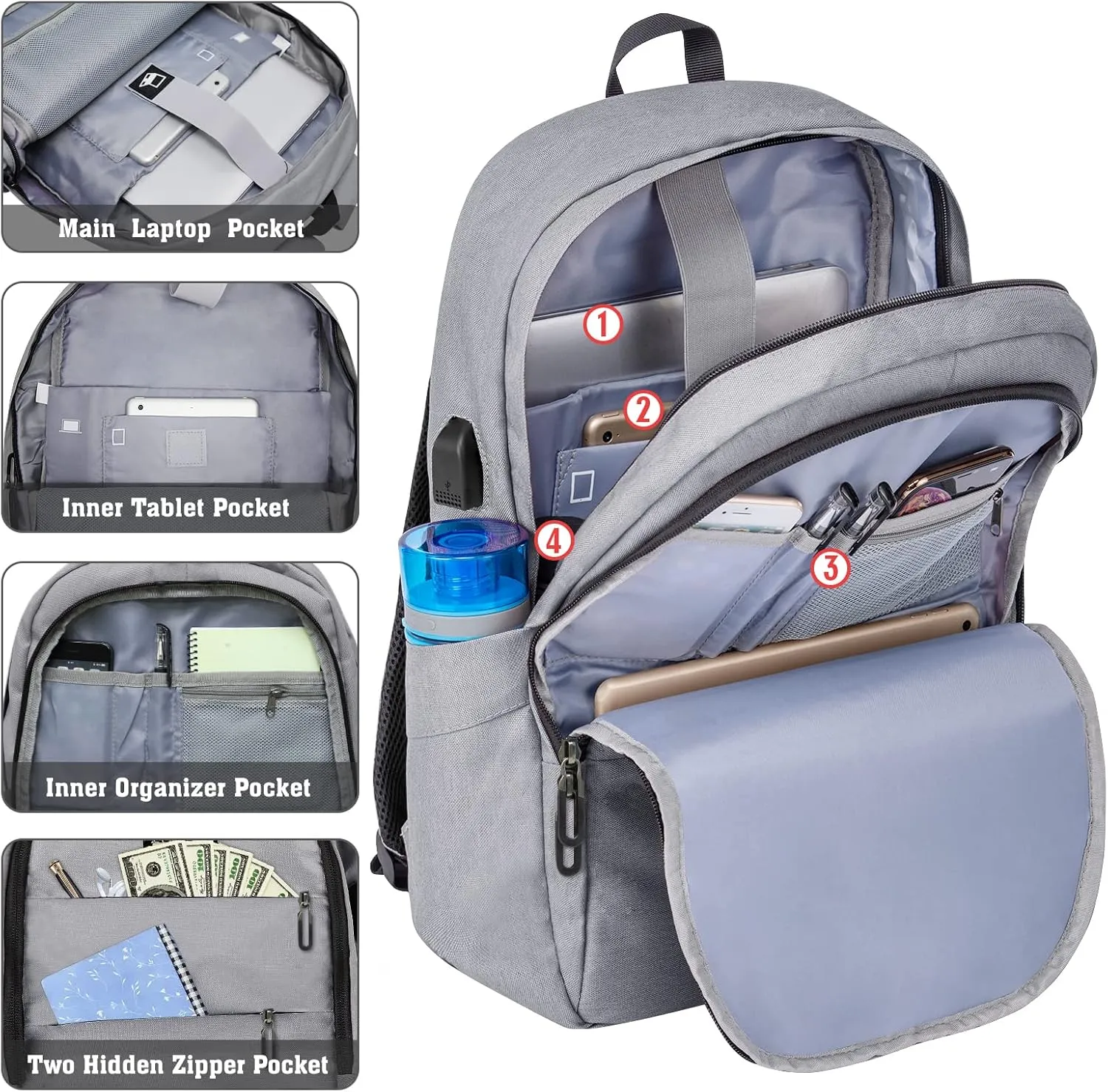 ZOMAKE Travel Laptop Backpack Water Resistant Anti-Theft Bag with USB Charging Port and Lock 14/15.6Inch Computer Business Backpacks Gift for Men Women(15.6 IN,A-Light Grey)