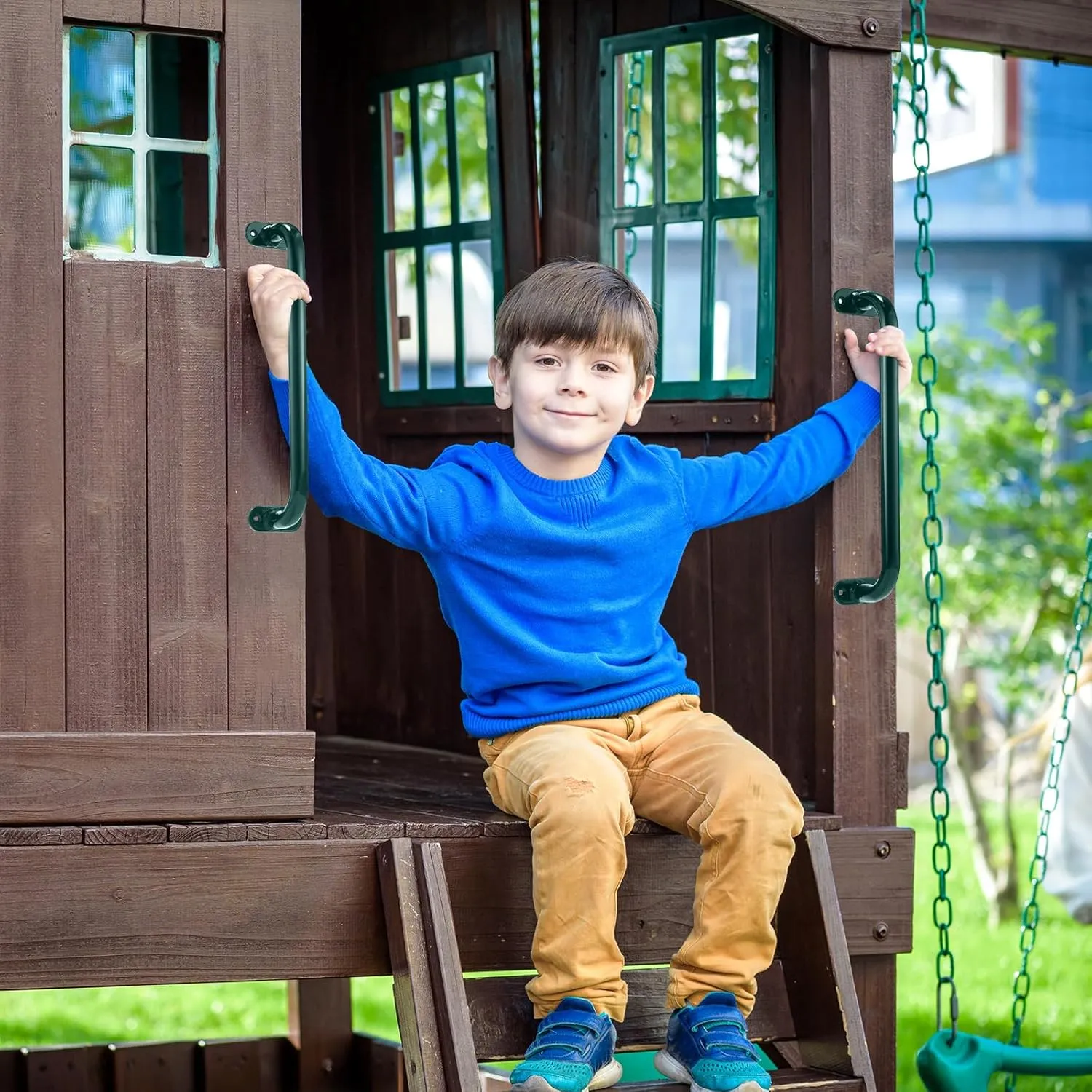 Zonon 6 Pcs Safety Playground Handles Swing Set Metal Safety Handles Outdoor Swing Set Accessories Grab Playset Handles Grips Climbing Frame for Play House Jungle(Green, 17 Inch)