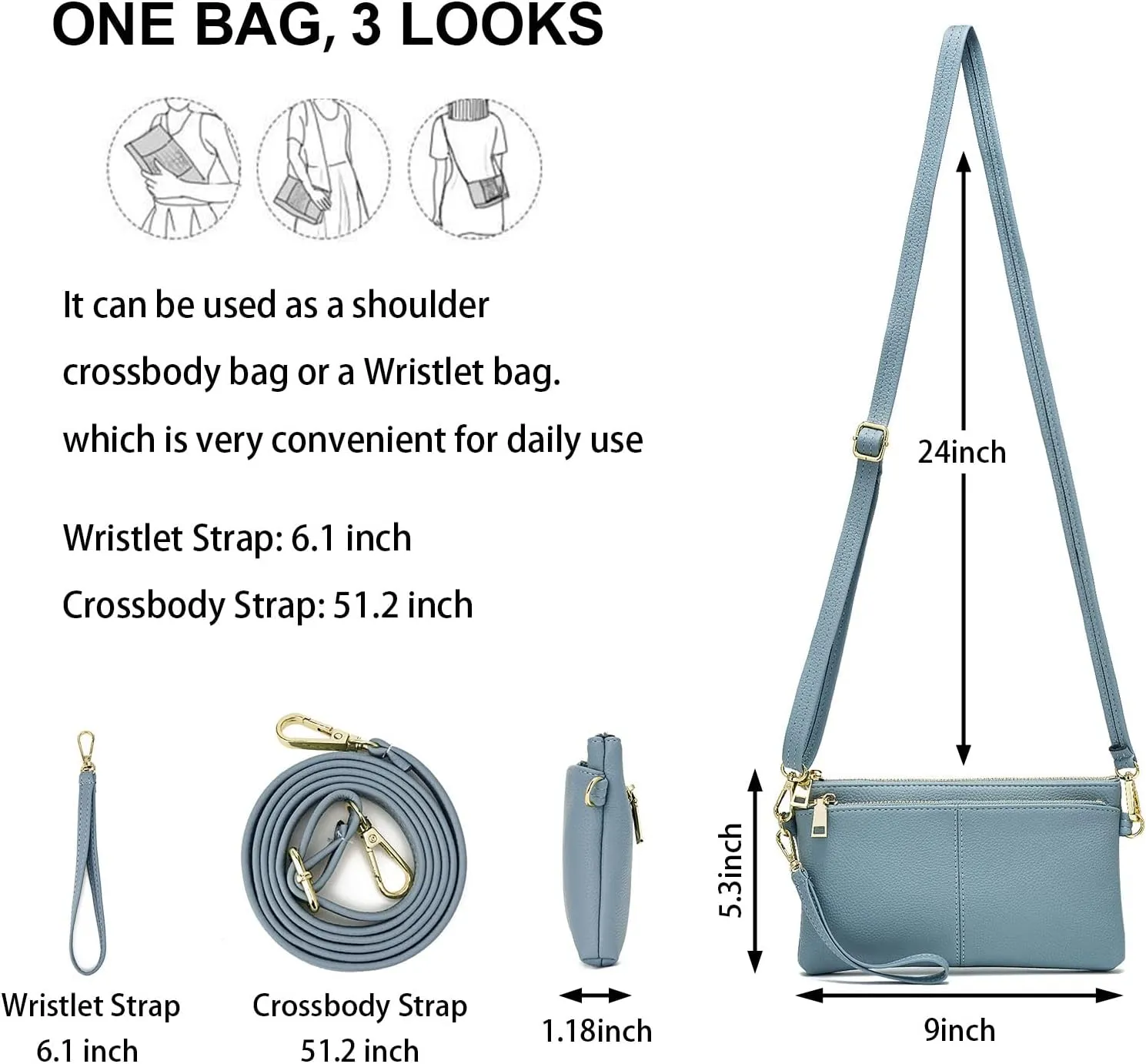 ZOOEASS Triple Zip Small Crossbody Bag Lightweight Purses Vegan Leather Wristlet Clutch, Includes Adjustable Shoulder