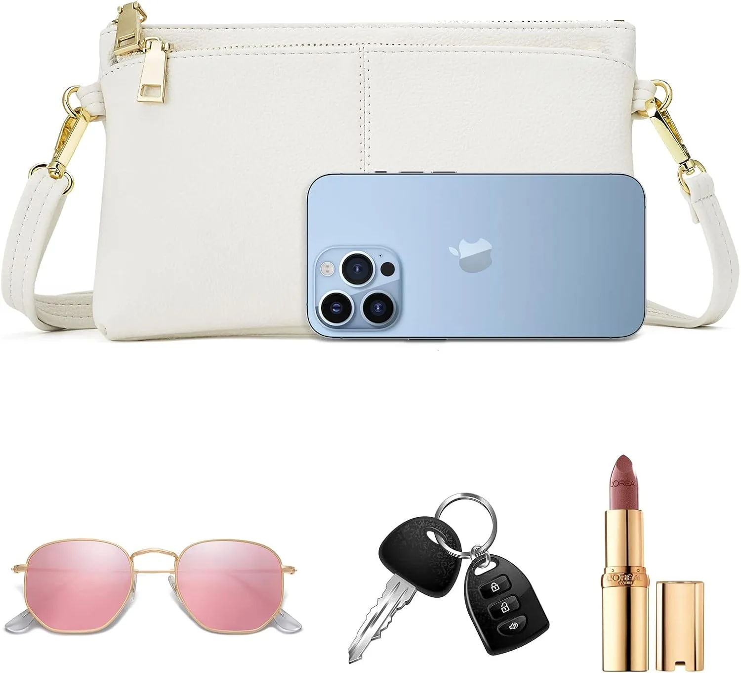 ZOOEASS Triple Zip Small Crossbody Bag Lightweight Purses Vegan Leather Wristlet Clutch, Includes Adjustable Shoulder