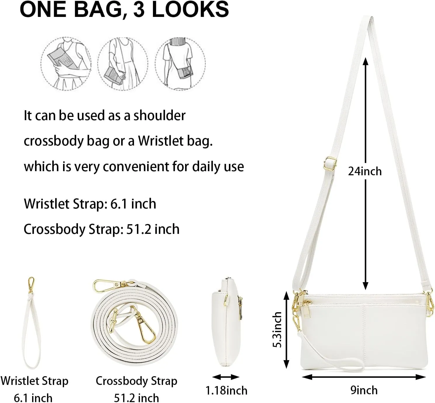 ZOOEASS Triple Zip Small Crossbody Bag Lightweight Purses Vegan Leather Wristlet Clutch, Includes Adjustable Shoulder