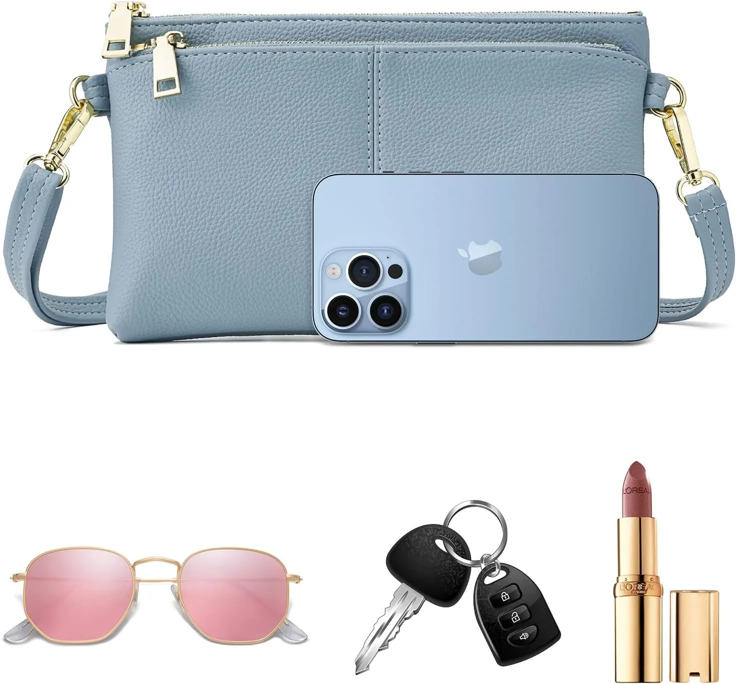ZOOEASS Triple Zip Small Crossbody Bag Lightweight Purses Vegan Leather Wristlet Clutch, Includes Adjustable Shoulder