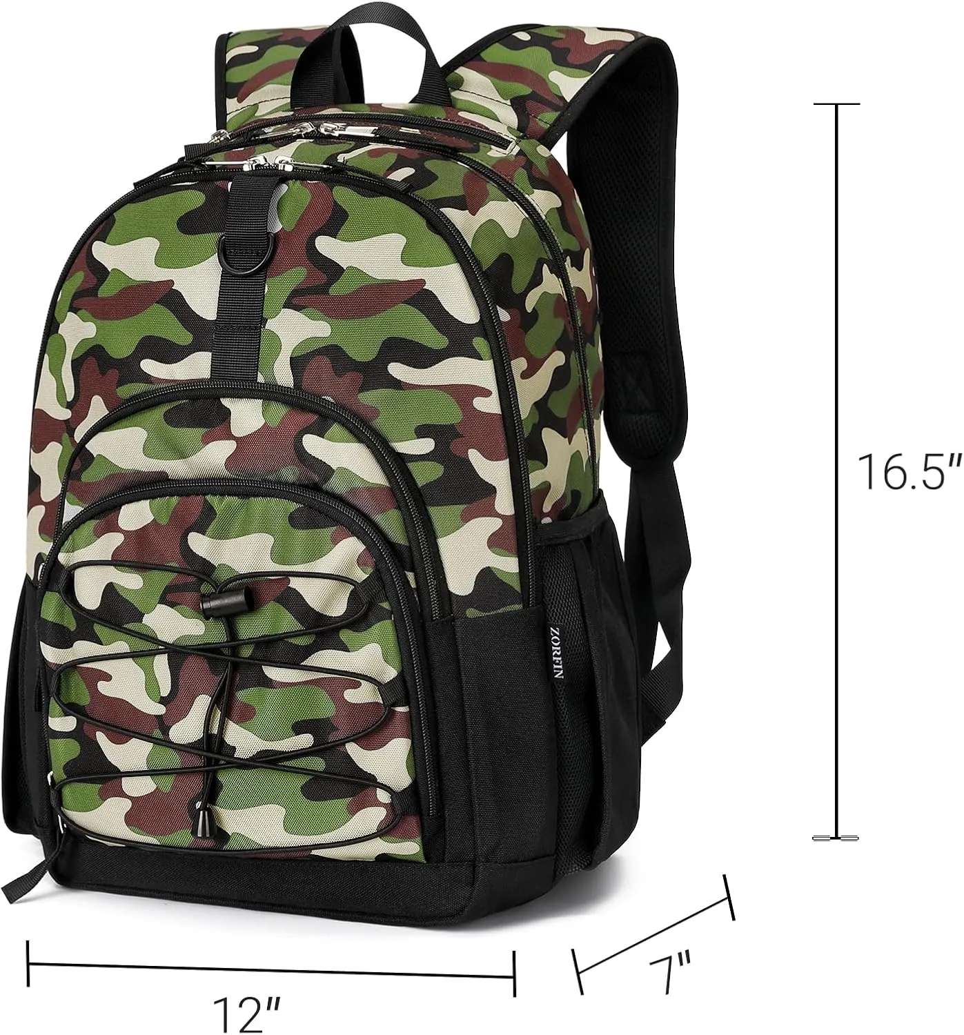 ZORFIN Backpack for School, Travel: Bookbag for Girls Boys - Kids Backpack with Multi Compartments - Army Green