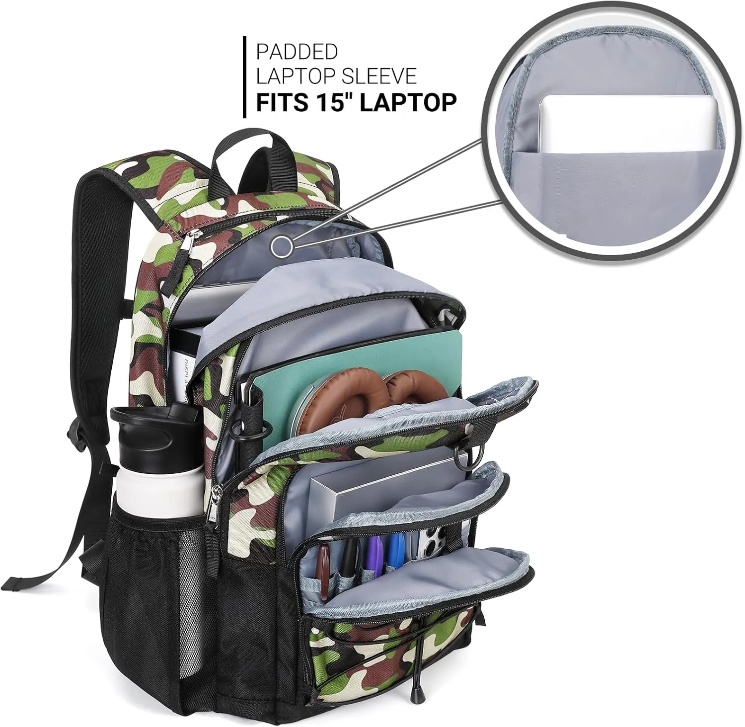 ZORFIN Backpack for School, Travel: Bookbag for Girls Boys - Kids Backpack with Multi Compartments - Army Green