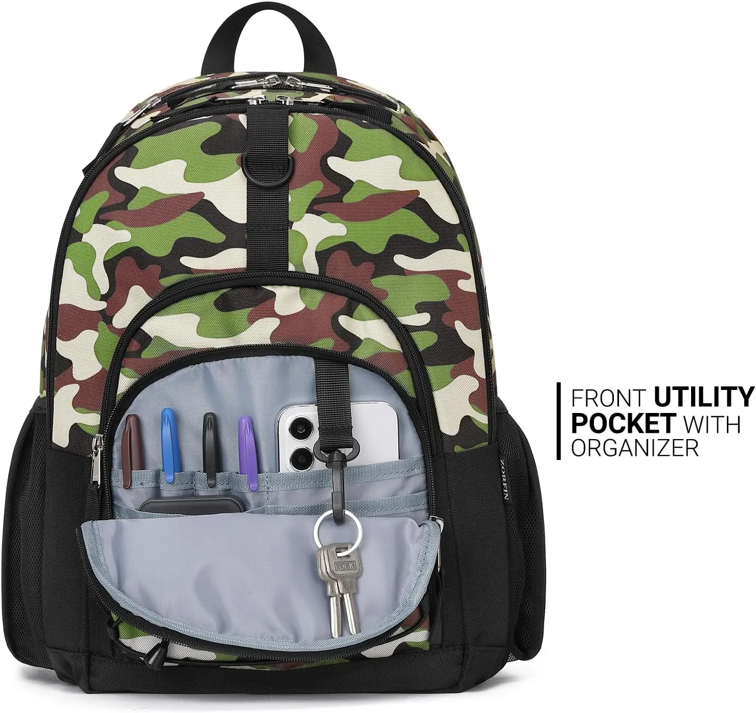 ZORFIN Backpack for School, Travel: Bookbag for Girls Boys - Kids Backpack with Multi Compartments - Army Green