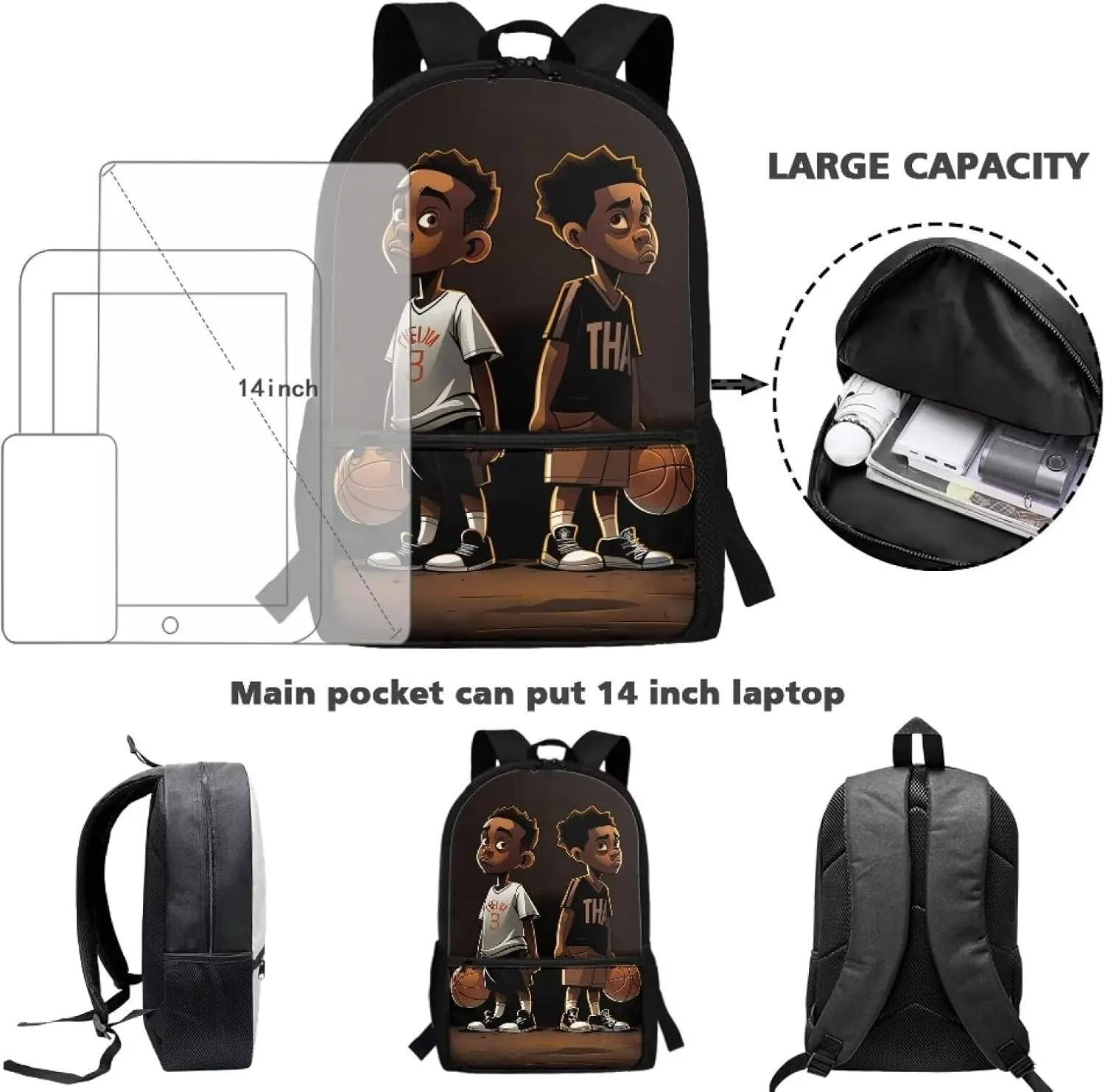 ZOUTAIRONG American Backpack for School Boys 10-12 Middle School Bag Baketball 8-12 Kids Bookbag with Water Bottle Holder Afro Boy Book Bag 5Th Grade/4Th Grade African Schoolbag